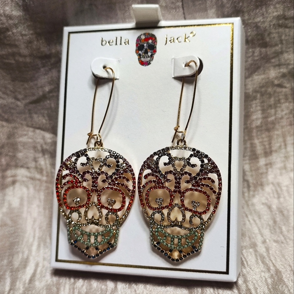 Bella Jack Sugar Skull Vibrant Multi Rhinestone Earrings NIB Day of the Dead NEW - Picture 6 of 10